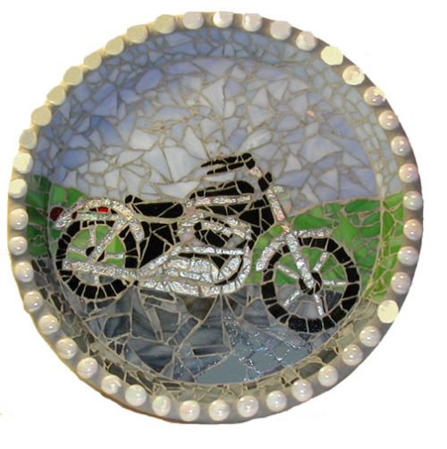 mosaic birdbath motorcycle