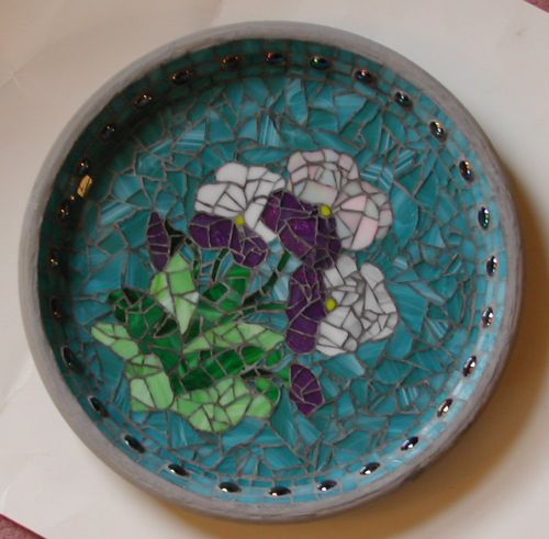 mosaic birdbath pansies